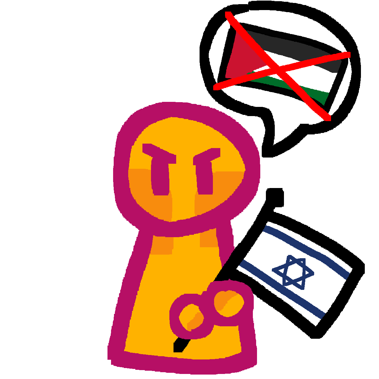 a yellow person holding the israeli flag. there is a speech bubble coming out of them that has the palestinian flag crossed out in red.
